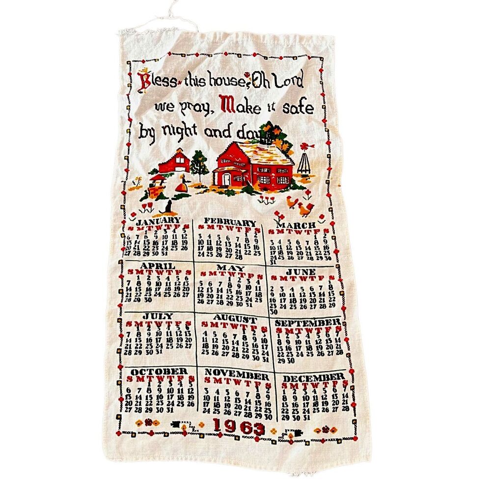 Vintage 1963 Linen Kitchen Towel/Calendar Farm Country Cottage Scene & Prayer